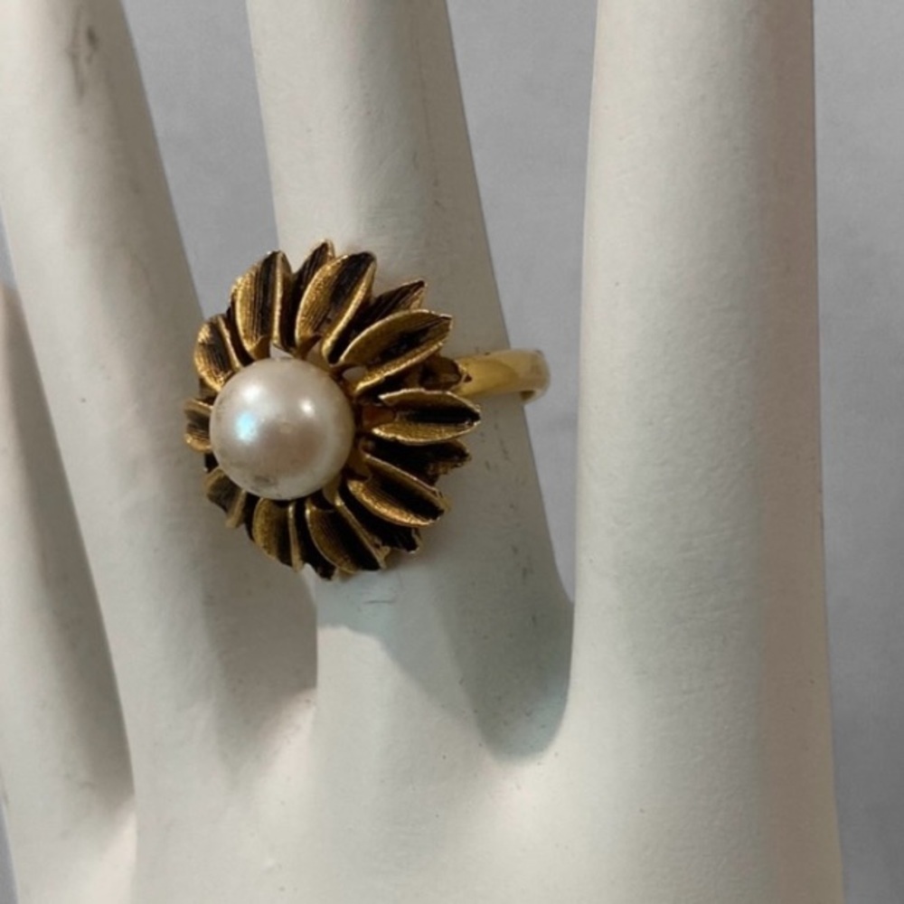 Statement Ring Brass Sunburst with Faux Pearl Center Adjustable Boho